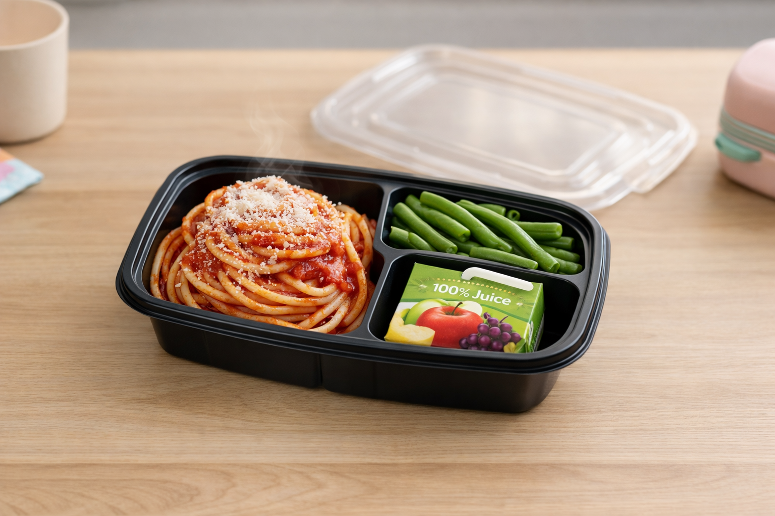 All Your Meals Kid-friendly meal with spaghetti and juice